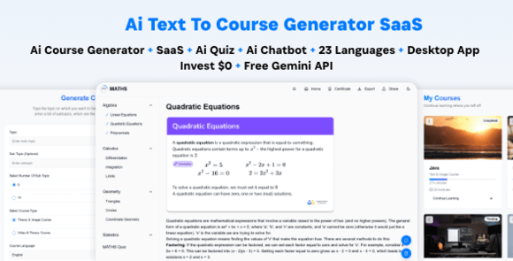 Ai Course Generator v5.0 – Text To Course SaaS Ai Quiz Ai Chat Translation Earn Desktop App React Admin Script