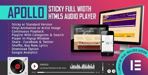 Apollo v1.0 – Sticky Full Width HTML5 Audio Player – Elementor Widget Addon Free