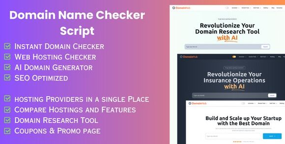 Domain Hub (20 Feb 2024) – Domain Checker, AI Name Generator, Who-is-hosting, Whois, DNS React Nextjs Tools Script