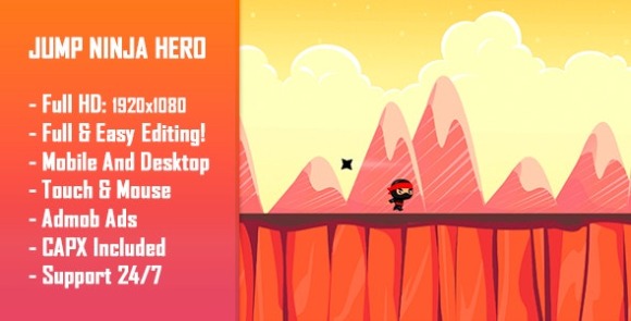 Jump Ninja Hero – HTML5 Game + Mobile Version (Construct 2 / Construct 3 / CAPX) Download