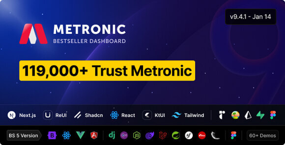 Metronic v9.4.6 – Tailwind, Bootstrap, React, Next.js, Vue, Angular, Laravel Admin Dashboard HTML Template
